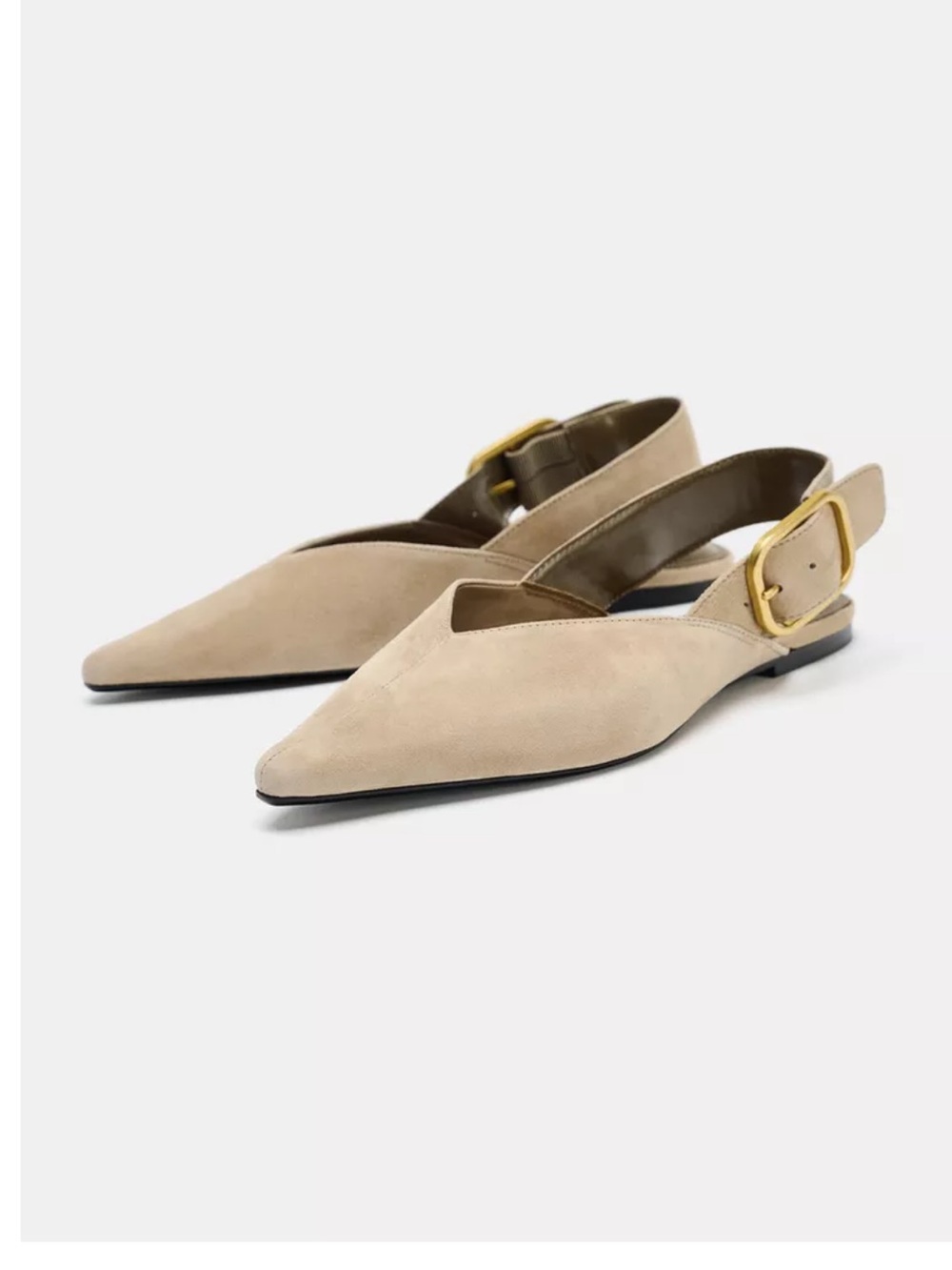 Zara Pointed Toe Slingback Flats in Beige with Gold Buckle